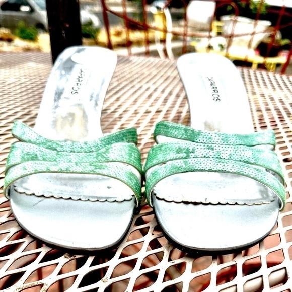 CAPARROS BAYLIE GREEN SEQUINED KITTEN HEEL SANDALS - Picture 3 of 7
